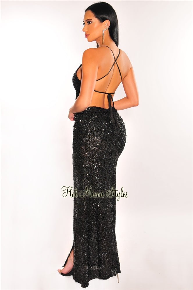 Black Sequins Lace Up Open Back Ruched Butt Slit Gown