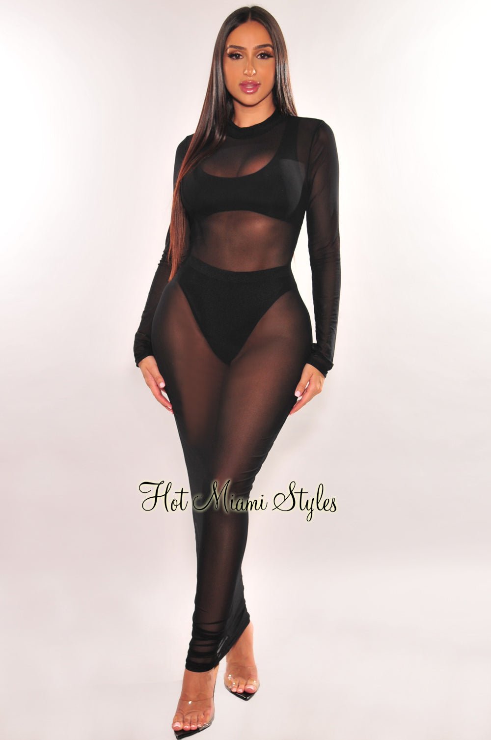 Black Sheer Mesh Long Sleeve Cover Up Dress