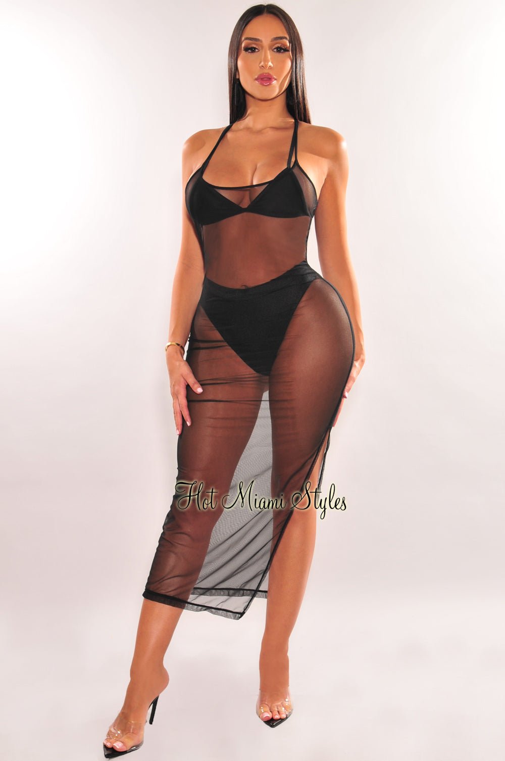 Black Sheer Mesh Spaghetti Straps Cover Up Slit Dress