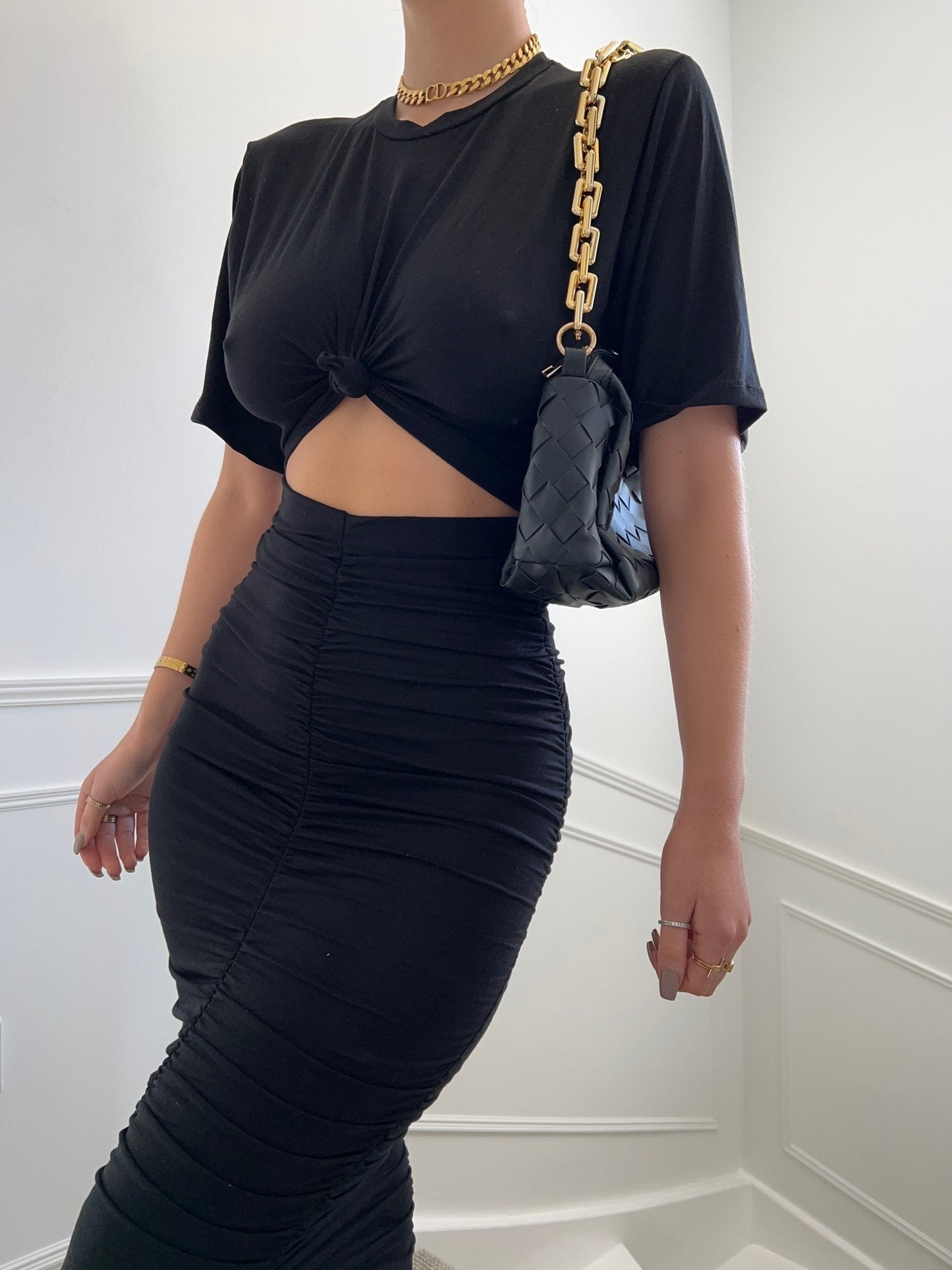 Black Short Sleeve Cut Out Ruched Maxi Dress