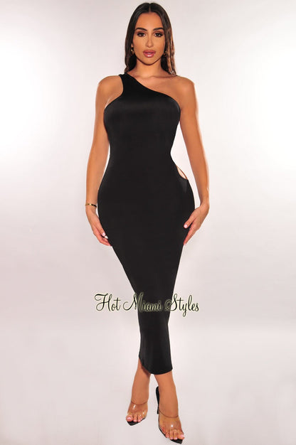 Black Silky One Shoulder Laced Up Back Dress