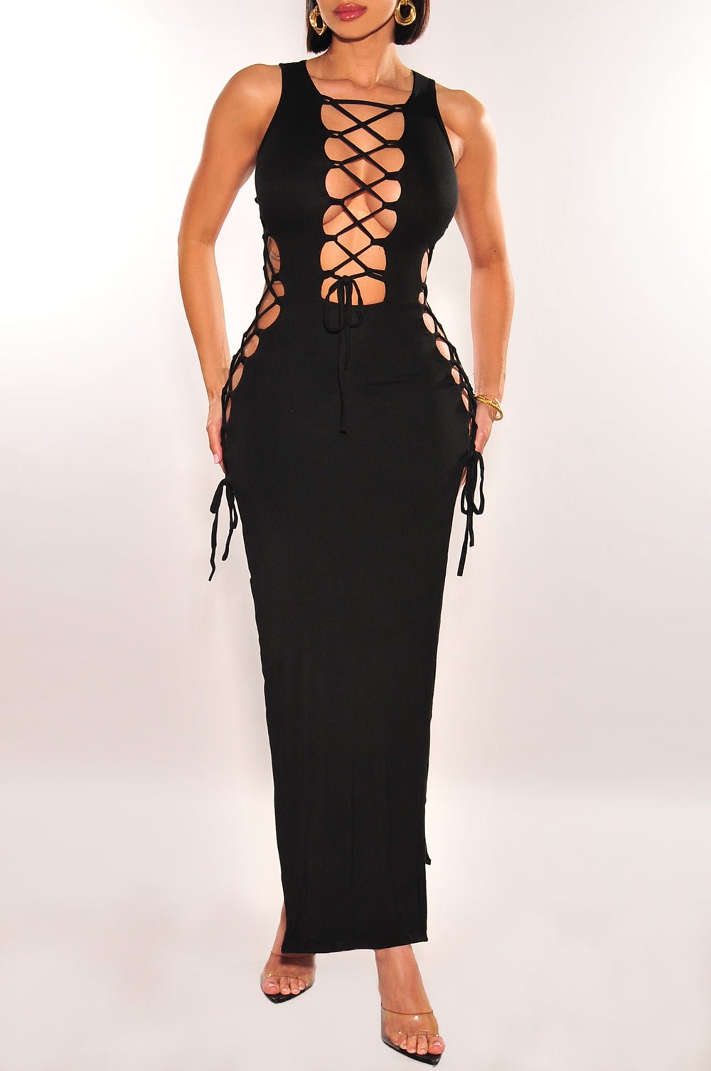 Black Sleeveless Lace Up Sides Double Slit Maxi Dress