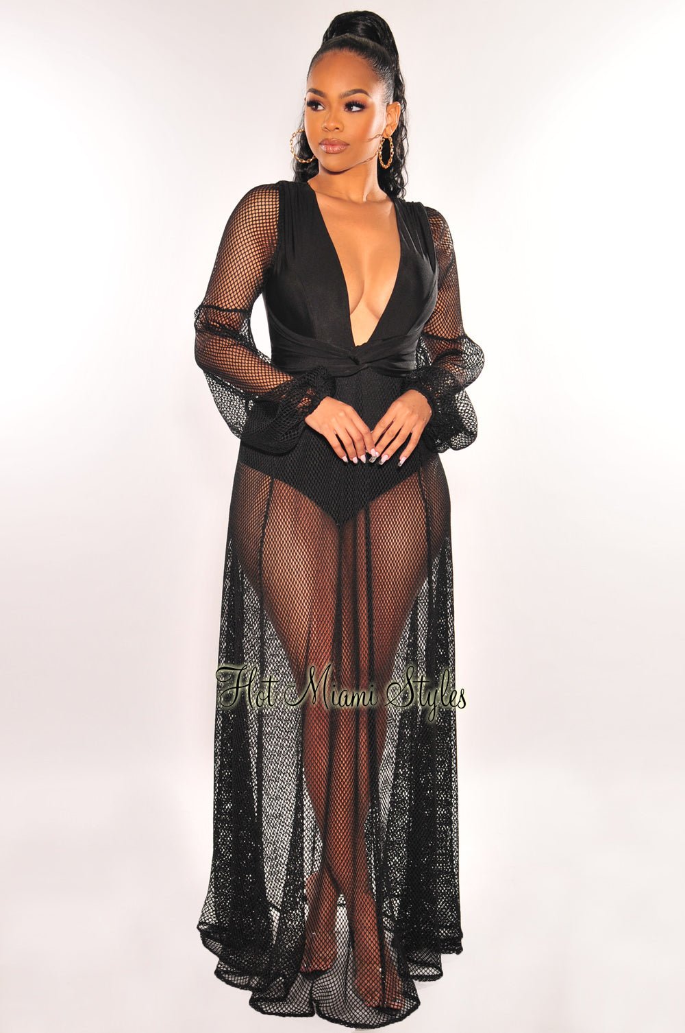 Black V Neck Fishnet Long Sleeve Maxi Dress