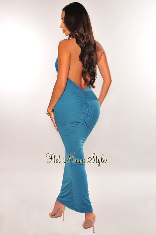 Teal Halter V Neck Scrunch Butt Dress