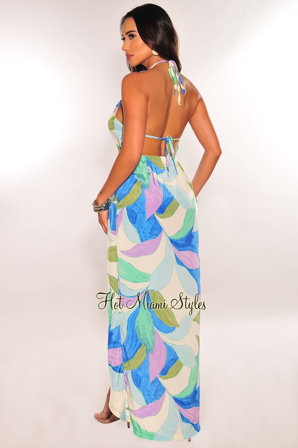 Blue Multicolor Abstract Print Halter Slit Ruched High Low Dress