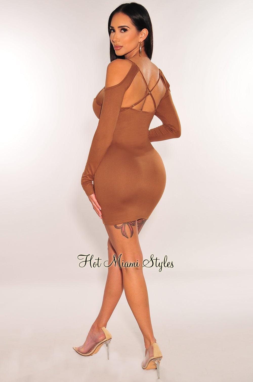 Caramel Cut Out CrissCross Long Sleeve Mini Dress