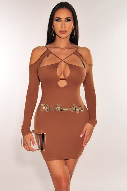 Caramel Cut Out CrissCross Long Sleeve Mini Dress