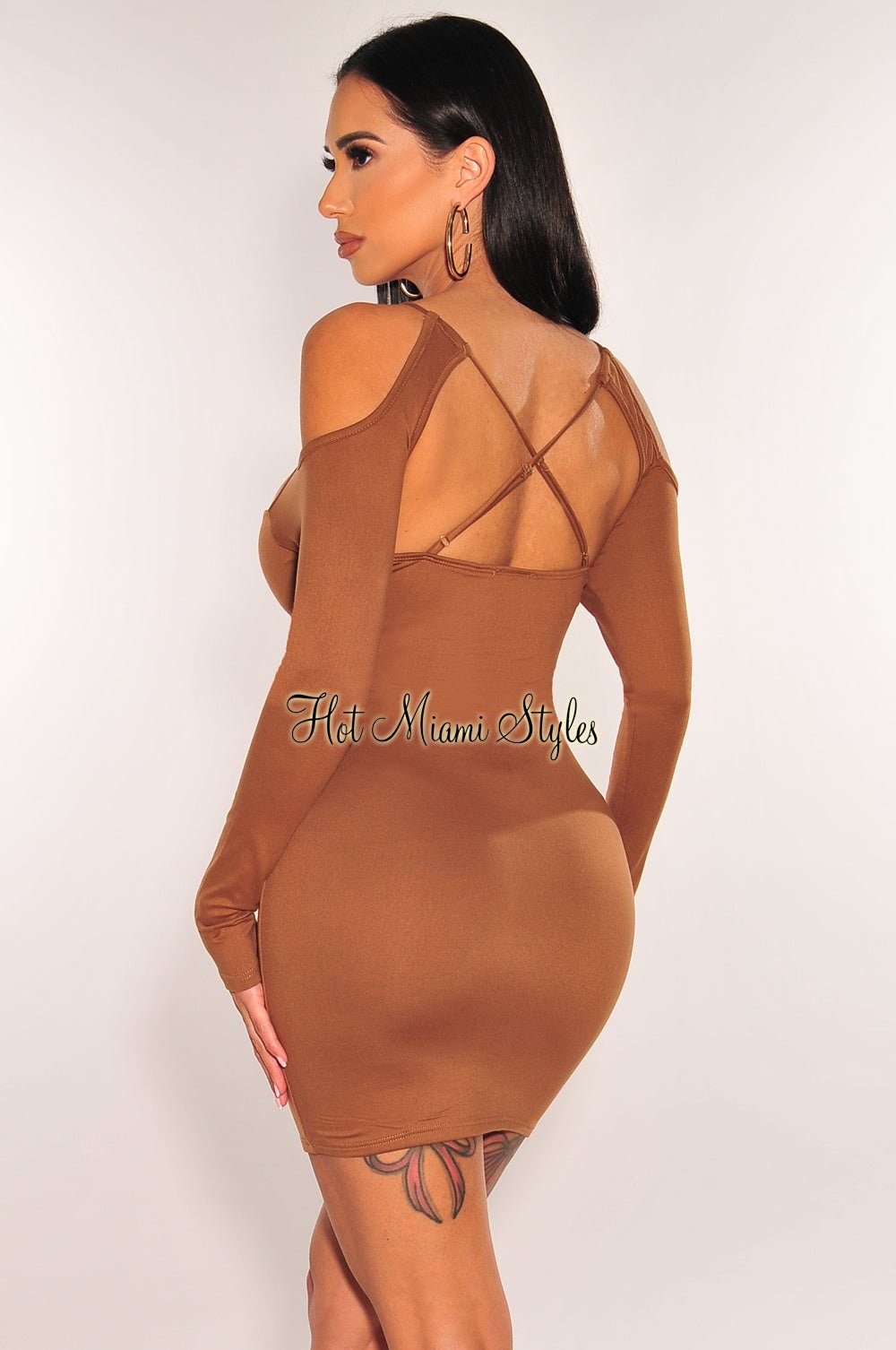 Caramel Cut Out CrissCross Long Sleeve Mini Dress