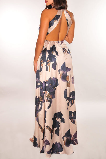 Champagne Purple Floral Print Silk Halter Open Back Knotted Drape Slit Dress