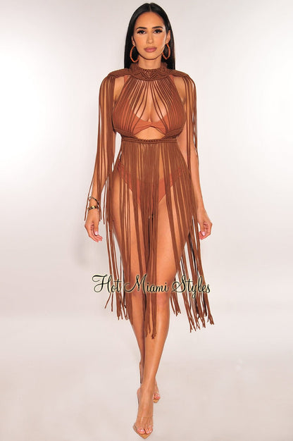 Chocolate Crochet Cape Sleeves Fringe Cover Up Dress