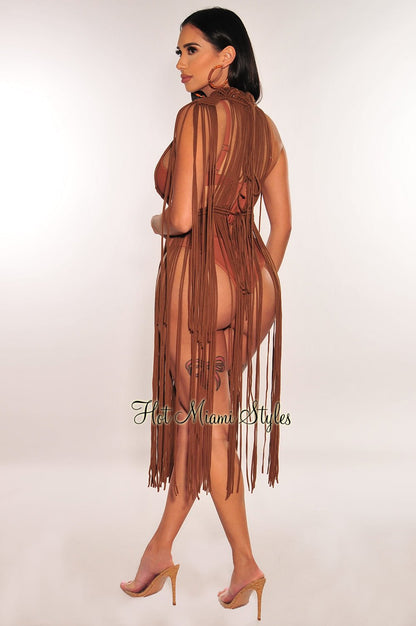 Chocolate Crochet Cape Sleeves Fringe Cover Up Dress