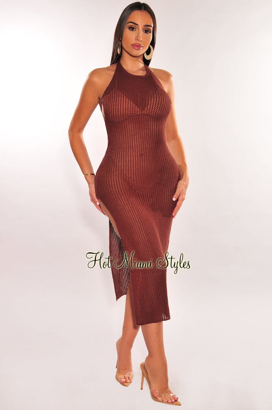 Chocolate Crochet Halter Tie Up Back Slit Cover Up Dress