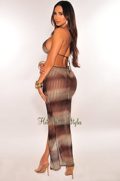 Chocolate Mocha Ribbed Halter O-Ring Cut Out Cover Up Slit Dress