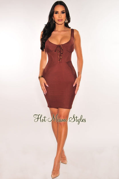 Chocolate Padded Underwire Lace Up Sleeveless Bustier Dress