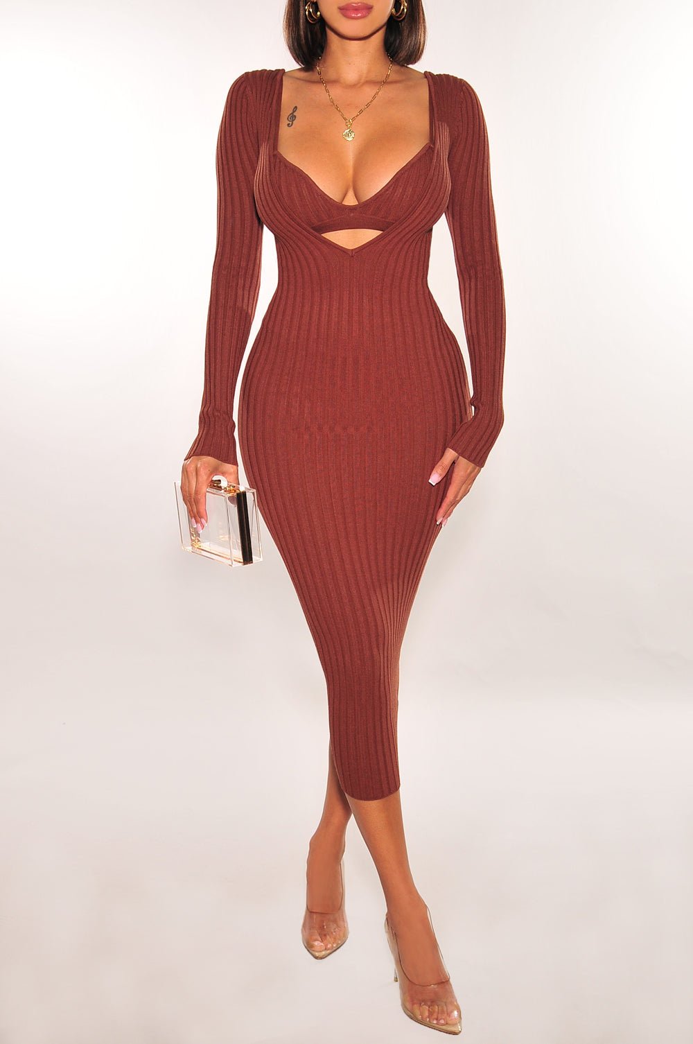 Chocolate Ribbed Knit Plunge Neck Long Sleeve Midi Dress + Bralette