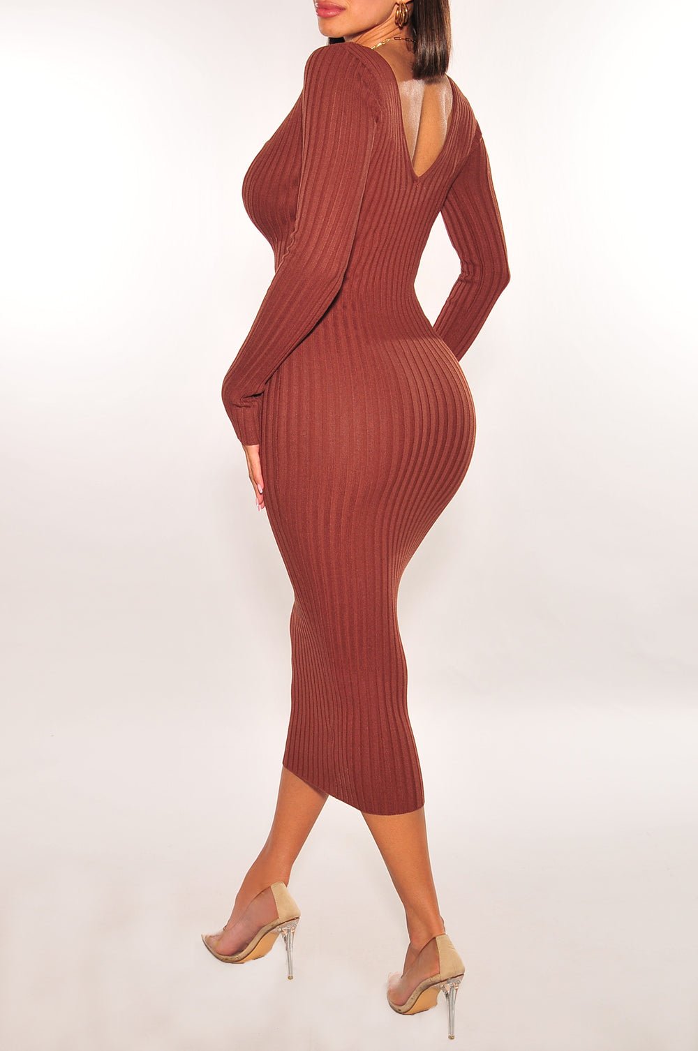 Chocolate Ribbed Knit Plunge Neck Long Sleeve Midi Dress + Bralette