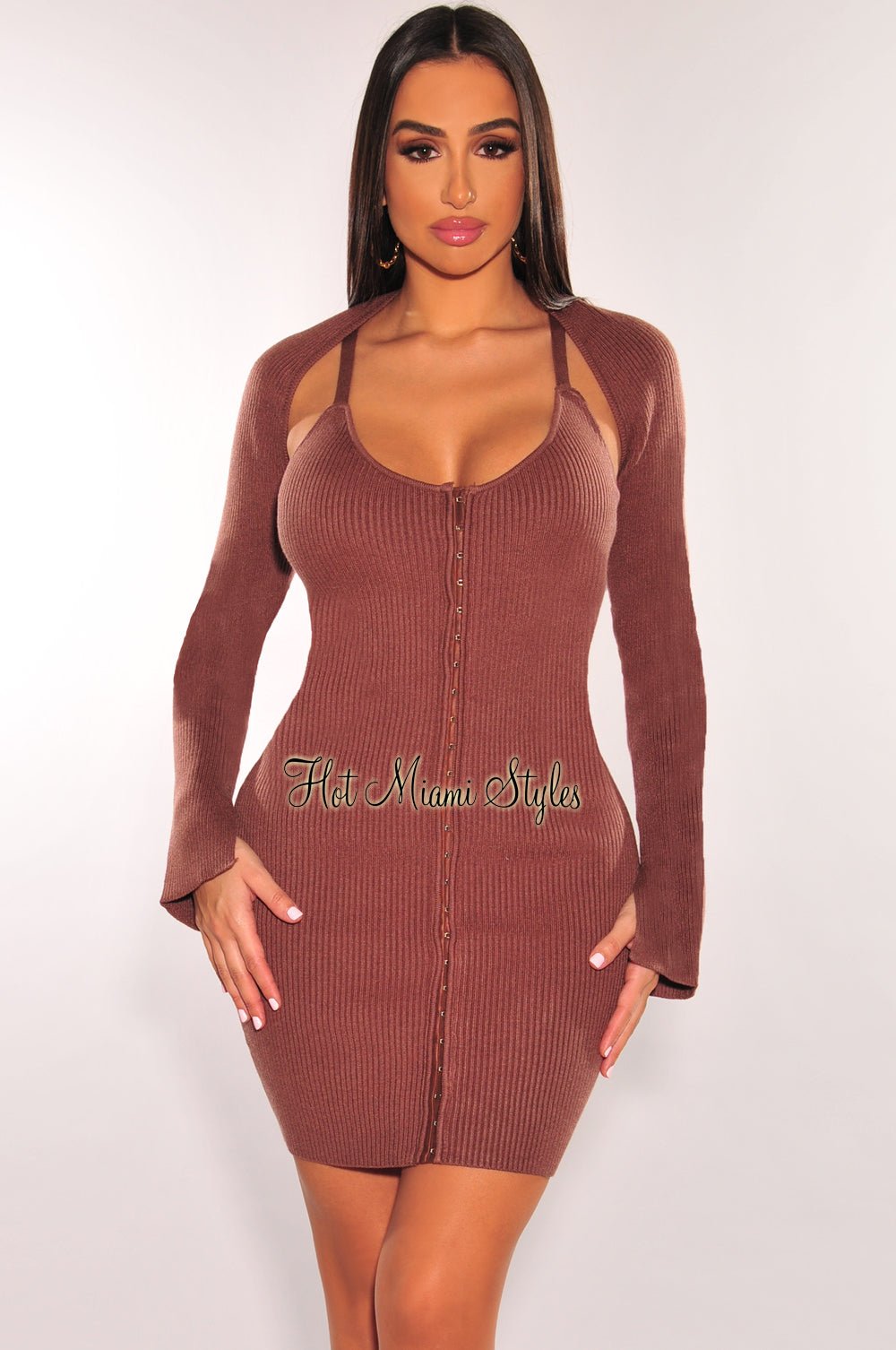 Chocolate Ribbed Knit Spaghetti Straps Mini Dress + Shrug Jacket