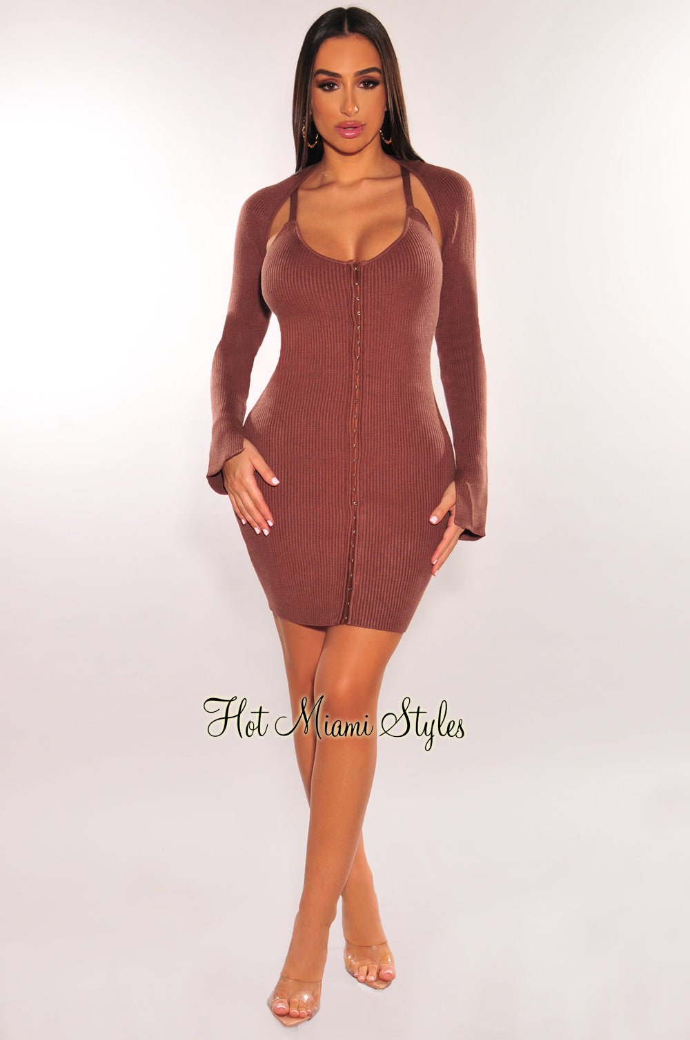 Chocolate Ribbed Knit Spaghetti Straps Mini Dress + Shrug Jacket