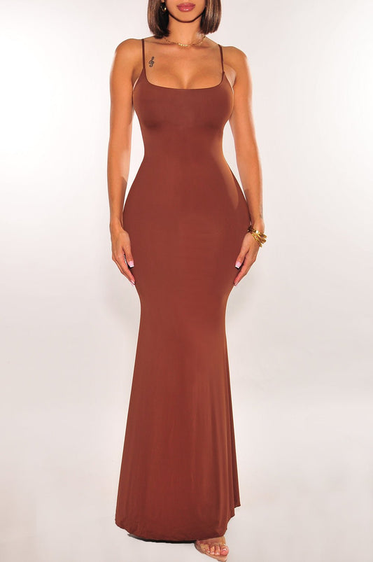 Chocolate Spaghetti Strap Round Neck Mermaid Dress