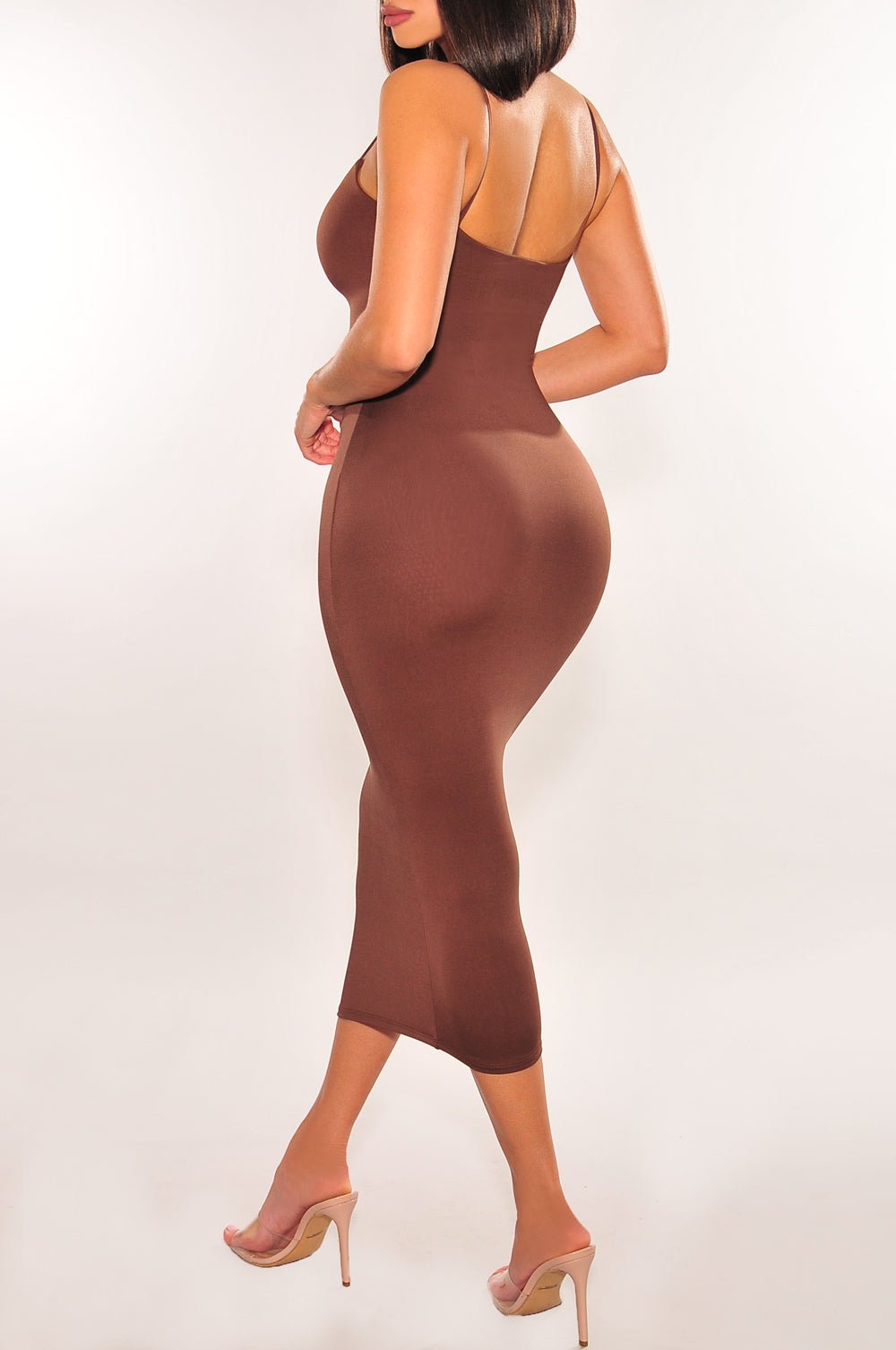 Chocolate Spaghetti Strap Square Neck Midi Dress