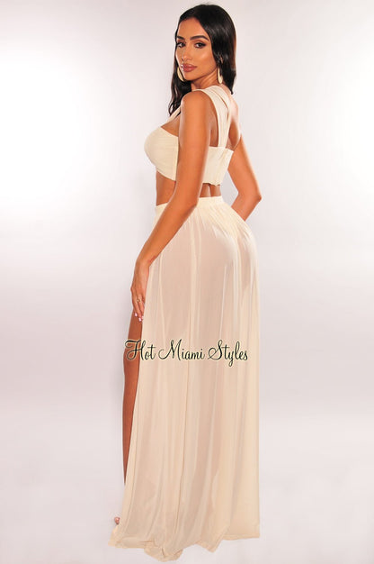 Cream One Shoulder Cut Out Strappy Slit Maxi Dress