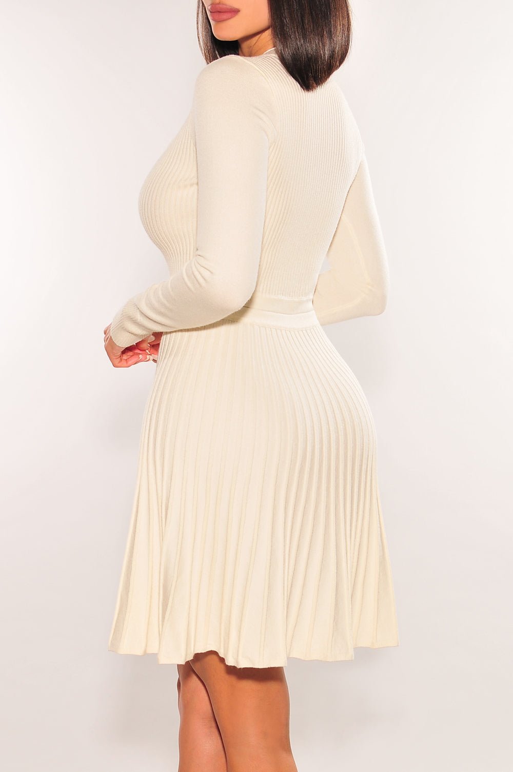 Cream Ribbed Long Sleeve Round Neck Button Down Pleated Dress