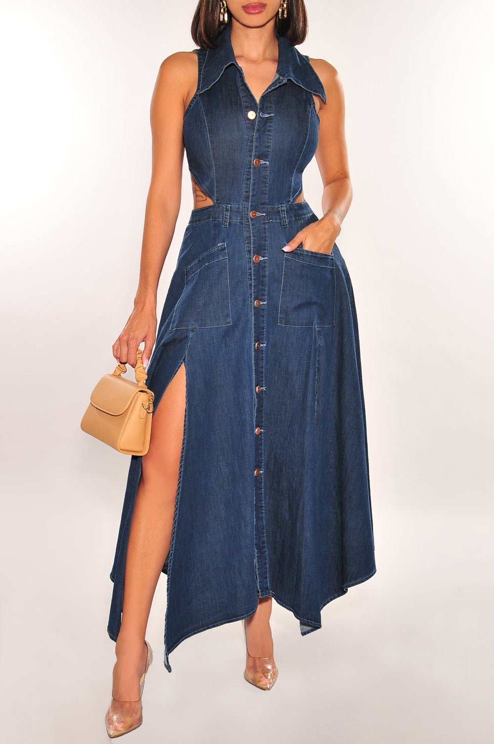 Denim Sleeveless Collared Cut Out Button Down Asymmetrical Slit Dress