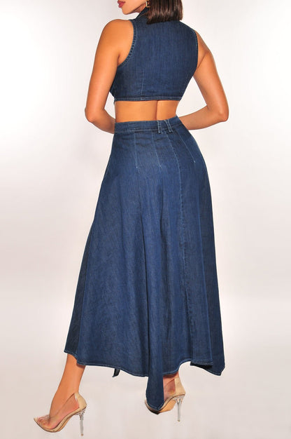 Denim Sleeveless Collared Cut Out Button Down Asymmetrical Slit Dress