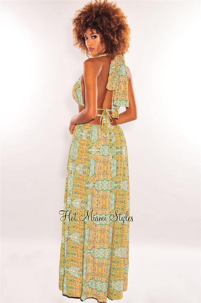 Green Print O-Ring Cut Out Gold Belted Double Slit Maxi Dress