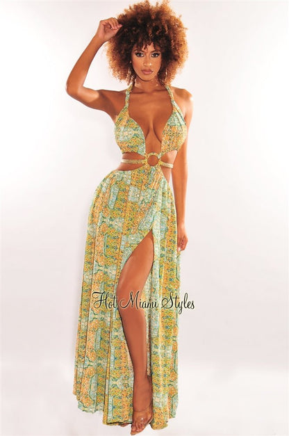 Green Print O-Ring Cut Out Gold Belted Double Slit Maxi Dress