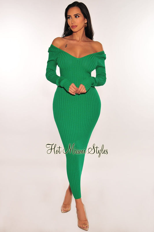 Green Ribbed Knit Long Sleeves Dress