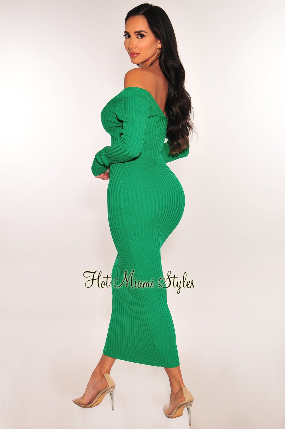 Green Ribbed Knit Long Sleeves Dress