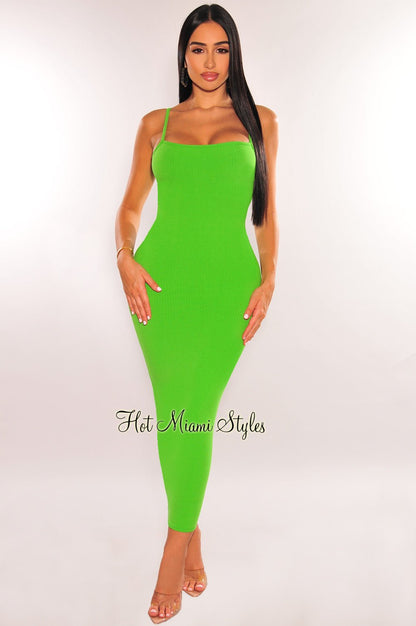 Green Ribbed Spaghetti Strap Cut Out Back Midi Dress