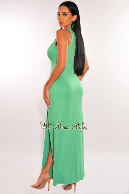 Green Sleeveless V Neck Double Slit Cover Up Maxi Dress