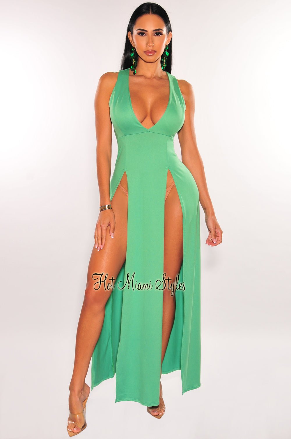 Green Sleeveless V Neck Double Slit Cover Up Maxi Dress