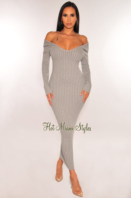 Heather Gray Ribbed Knit Long Sleeves Dress