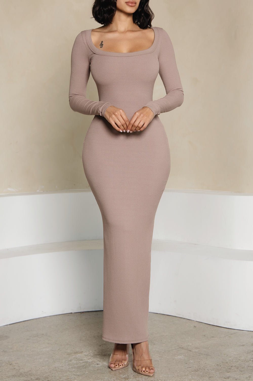 HMS Skins: Almond Baby Rib Long Sleeve Maxi Dress