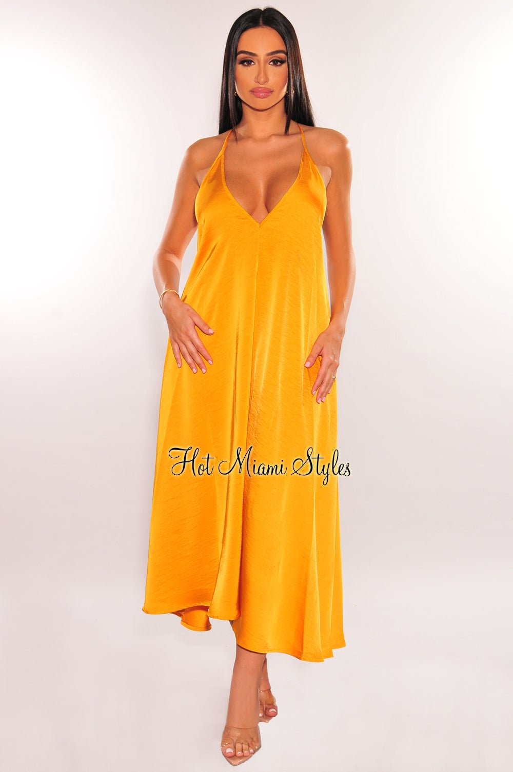 Honey Gold V Cut Spaghetti Straps Maxi Dress