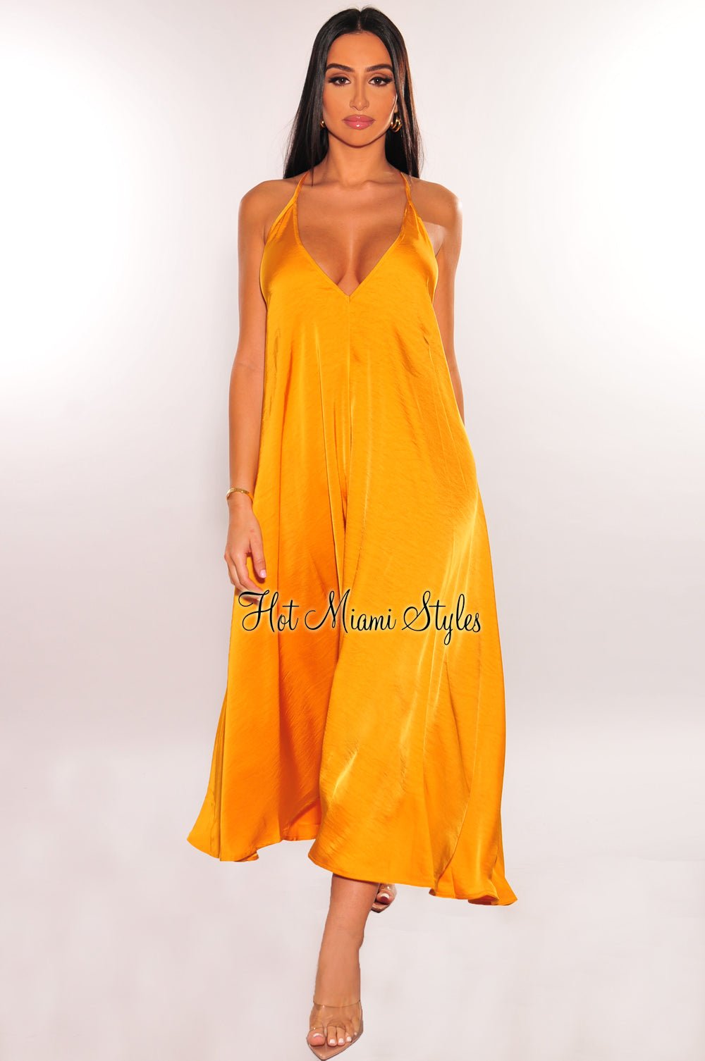 Honey Gold V Cut Spaghetti Straps Maxi Dress