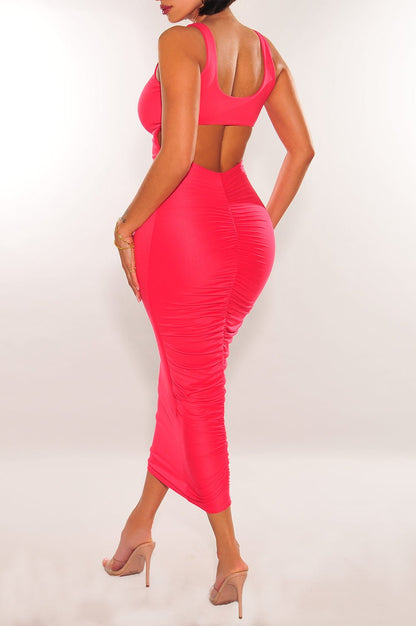 Hot Pink Sleeveless Gold Ring Cut Out Scrunch Butt Dress