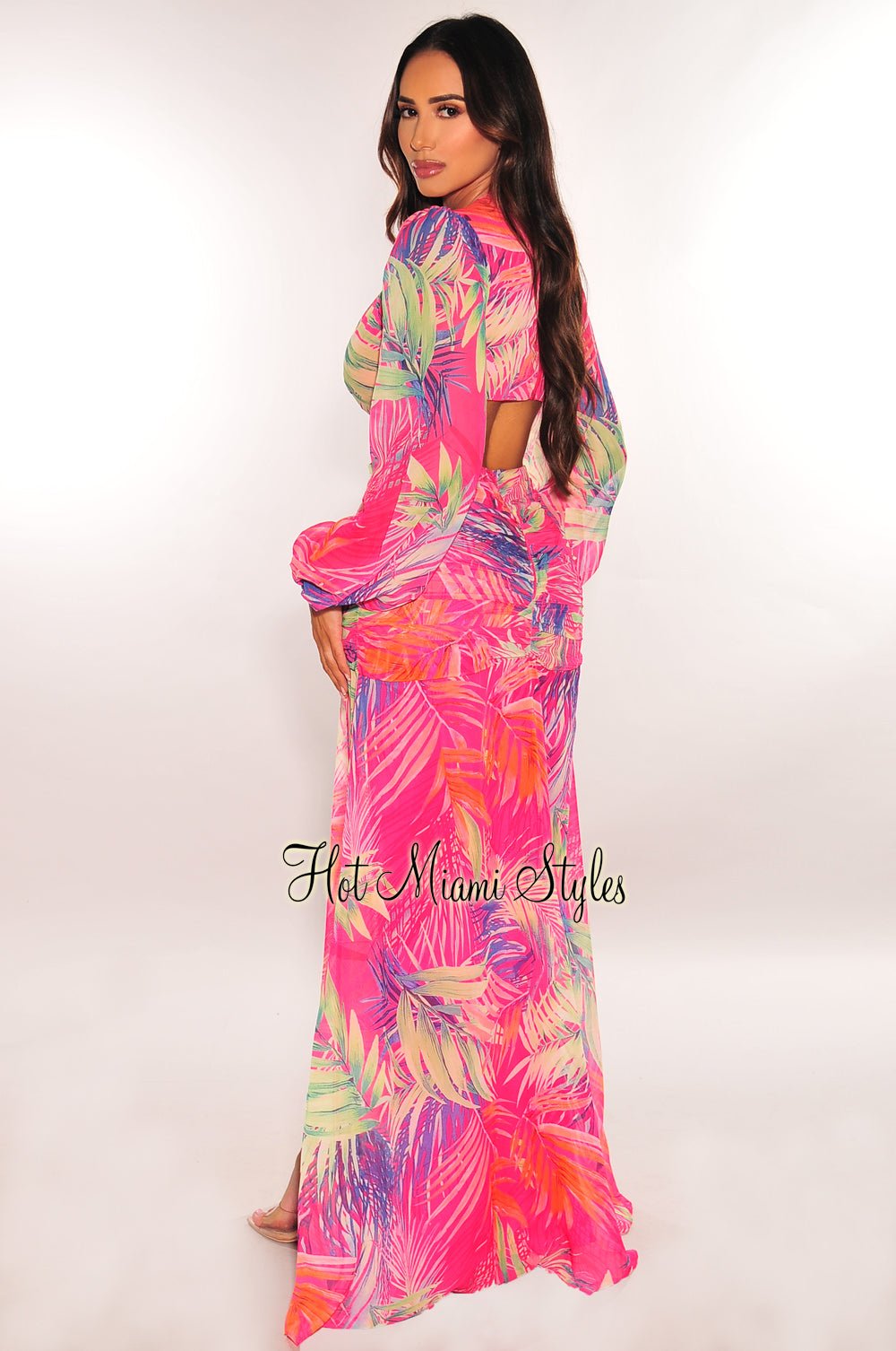 Hot Pink Tropical Print O-Ring Cut Out V Neck Long Sleeve Maxi Dress