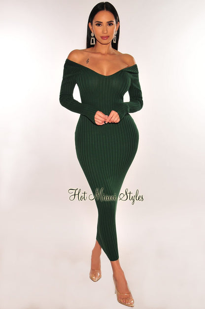 Hunter Green Ribbed Knit Long Sleeves Dress