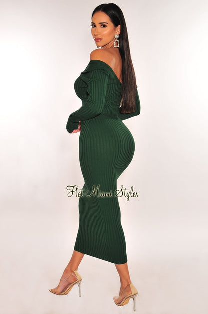 Hunter Green Ribbed Knit Long Sleeves Dress