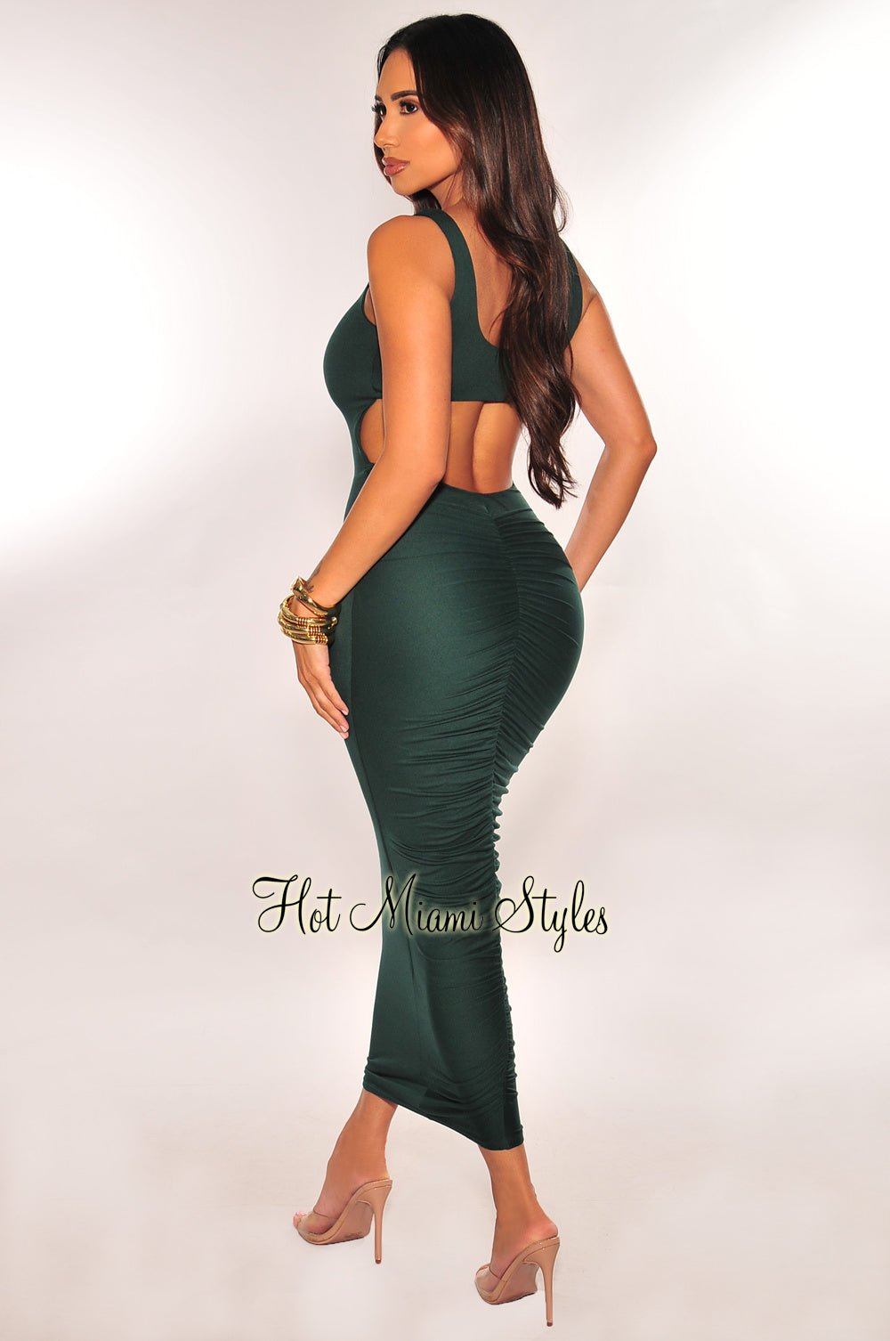 Hunter Green Sleeveless Gold Ring Cut Out Scrunch Butt Dress