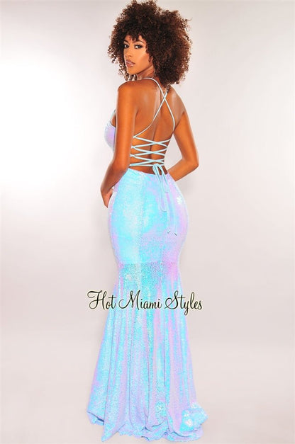 Iced Blue Sequins V Neck Lace Up Back Slit Mermaid Gown