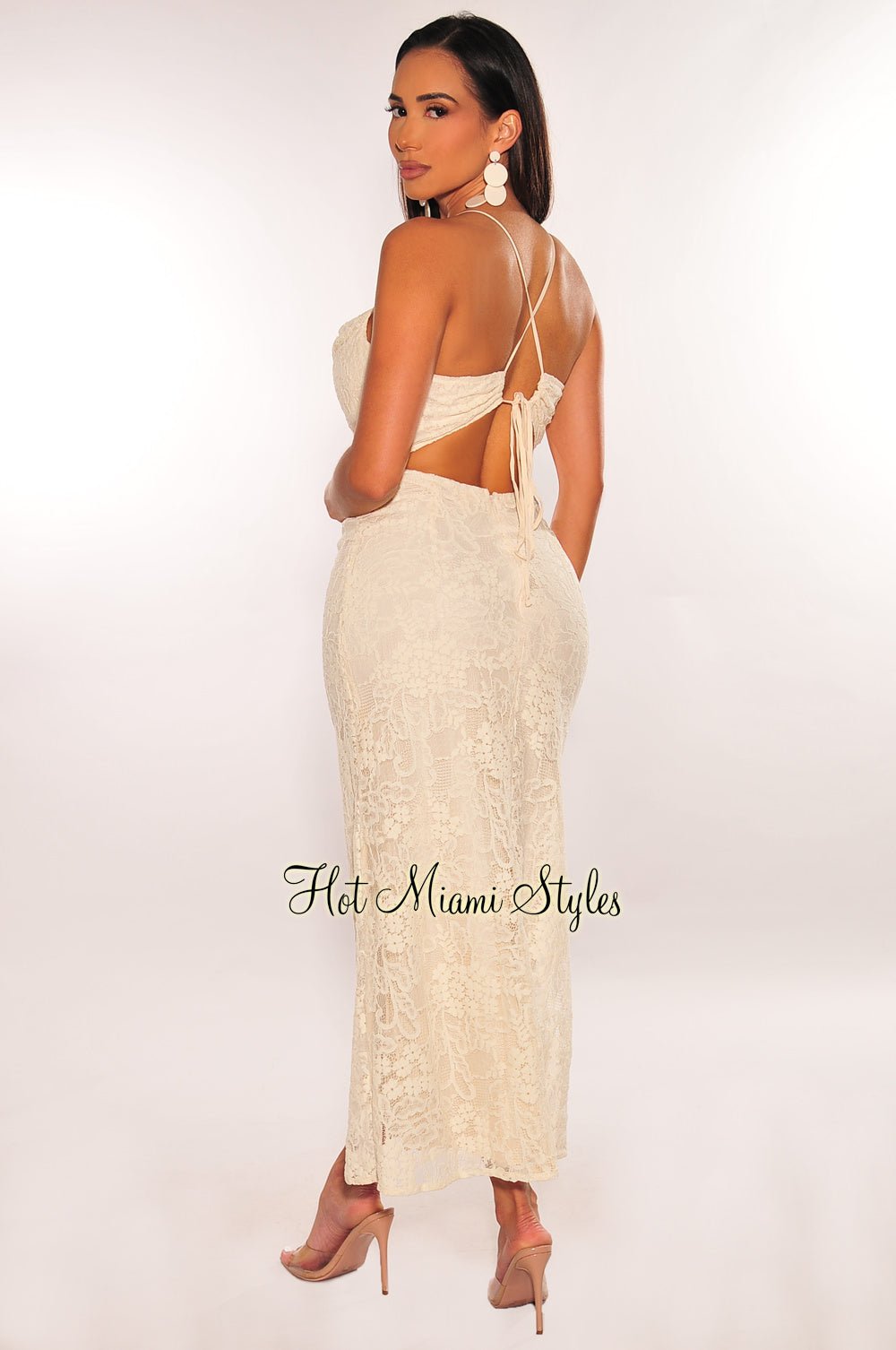 Ivory Floral Lace Spaghetti Strap CrissCross Back Dress