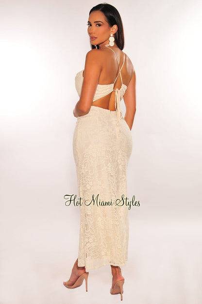 Ivory Floral Lace Spaghetti Strap CrissCross Back Dress