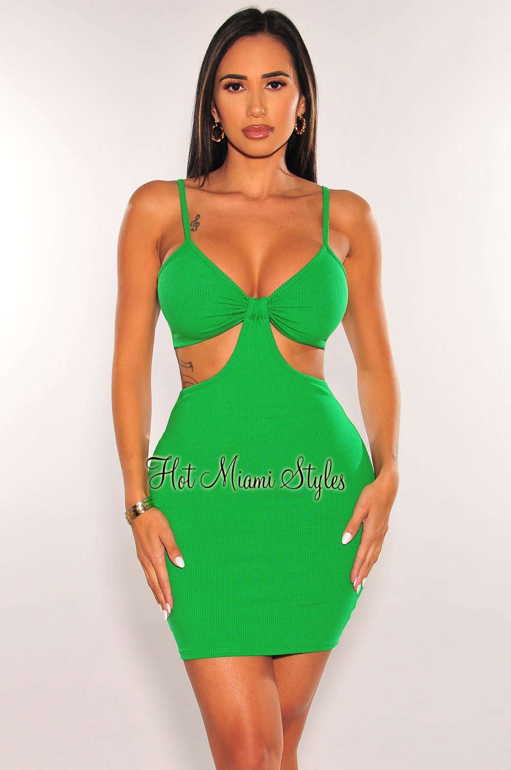 Kelly Green Ribbed Spaghetti Straps Knotted Cut Out Mini Dress