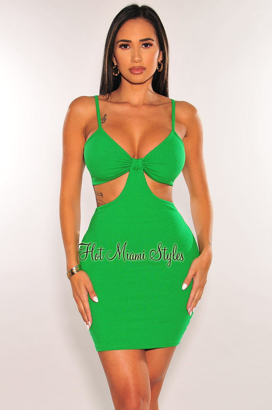 Kelly Green Ribbed Spaghetti Straps Knotted Cut Out Mini Dress