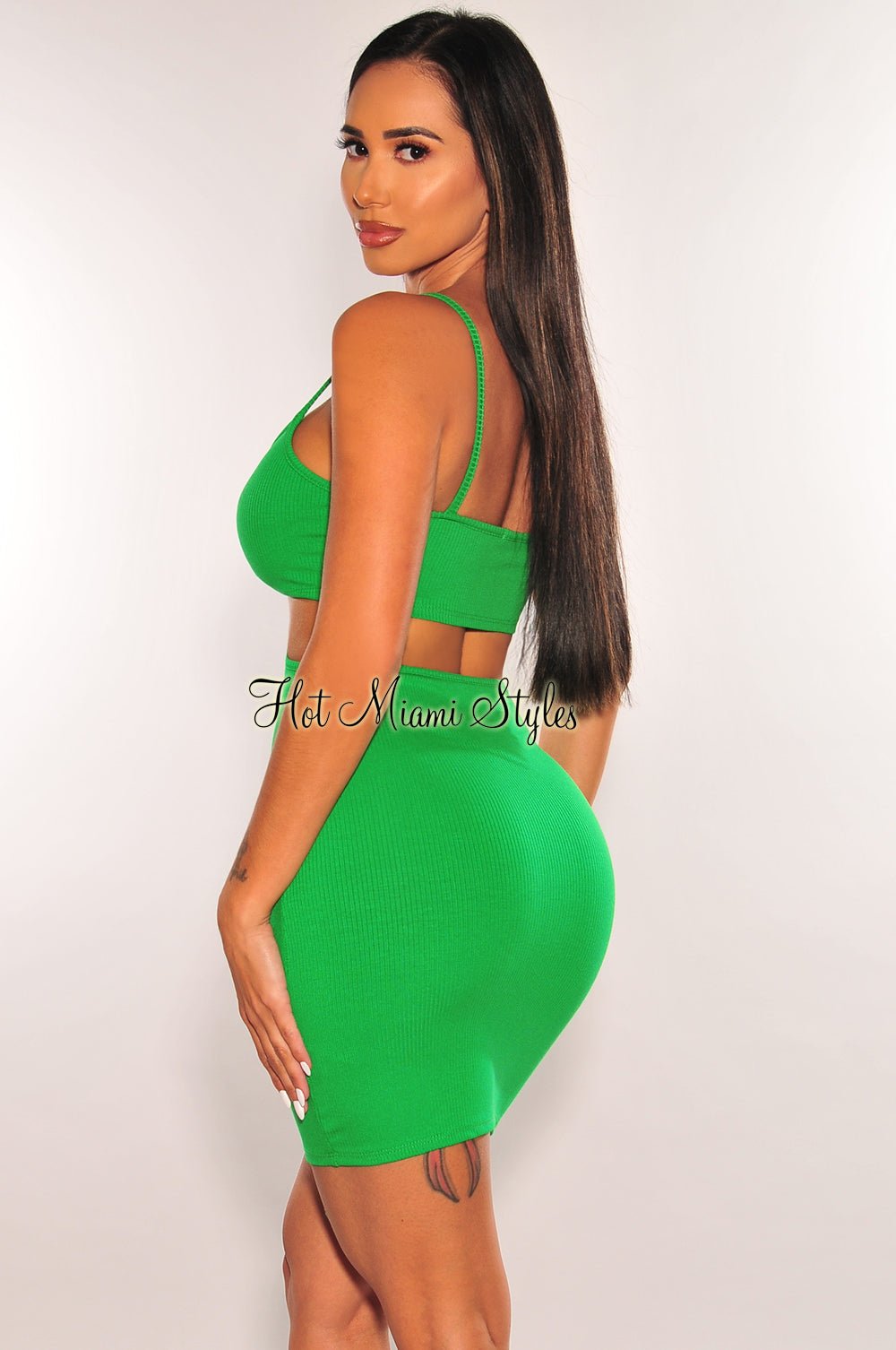 Kelly Green Ribbed Spaghetti Straps Knotted Cut Out Mini Dress